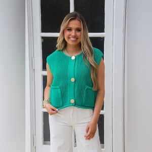 NWT Entro Green Openwork Knit Vest Blouse with Gold Buttons